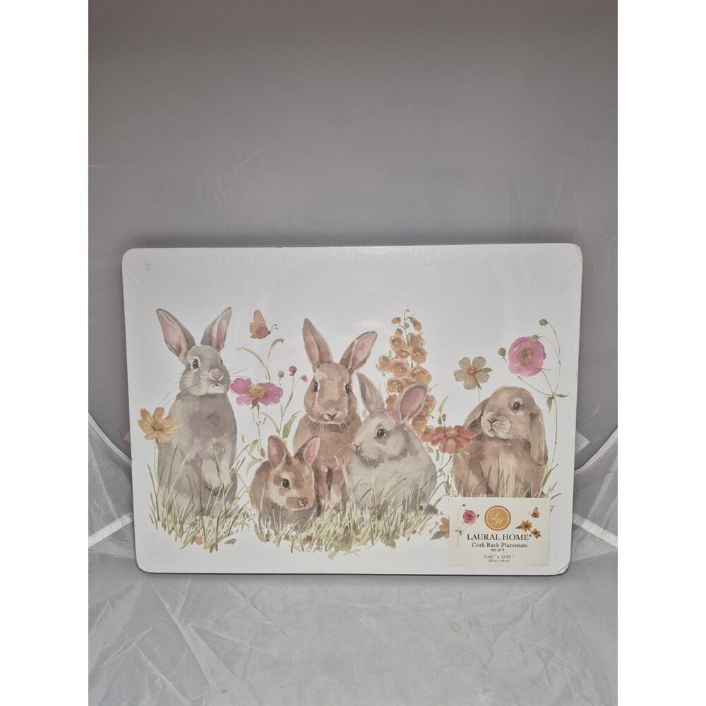 💥 LAUREL HOME Floral Garden EASTER Bunny Cork Back Placemats 11x15 Set of 4 A1